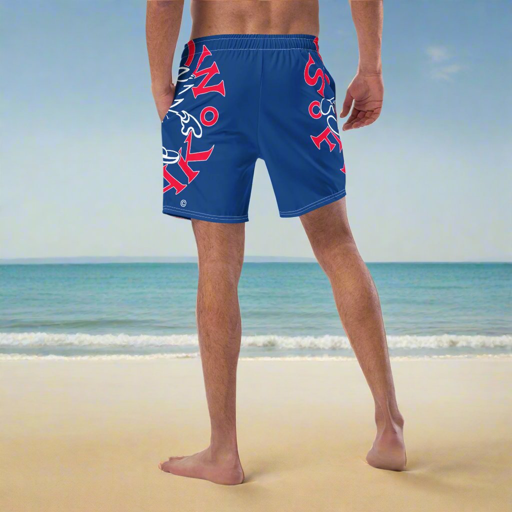 RED & WHITE SNOW FREAK© SPLASH'D© MEN'S SWIM TRUNKS