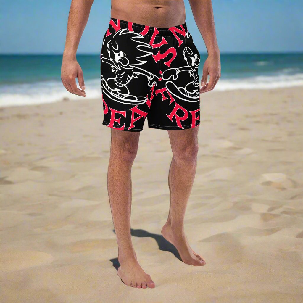 RED & WHITE SNOW FREAK© SPLASH'D© MEN'S SWIM TRUNKS