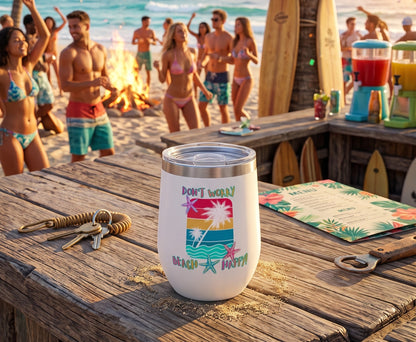 DON'T WORRY BEACH HAPPY! - BEACH FREAK© Chill Wine Tumbler