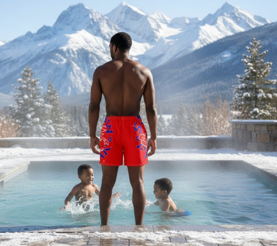 BLUE 'N' WHITE SNOW FREAK© SPLASH'D© MEN'S SWIM TRUNKS