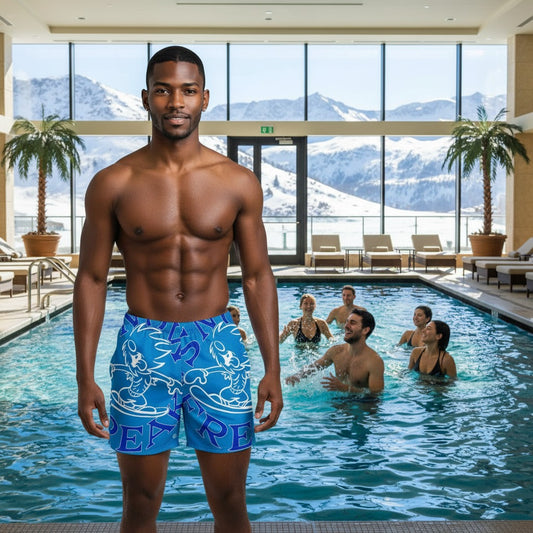BLUE 'N' WHITE SNOW FREAK© SPLASH'D© MEN'S SWIM TRUNKS