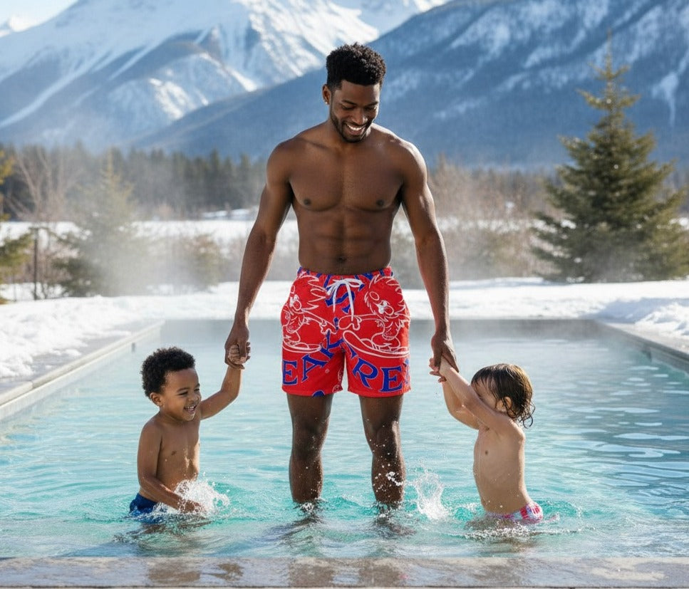 BLUE 'N' WHITE SNOW FREAK© SPLASH'D© MEN'S SWIM TRUNKS