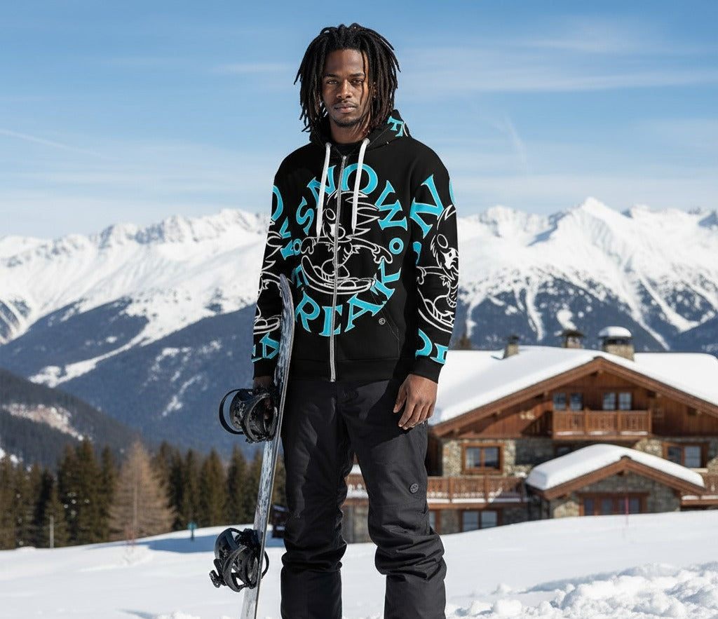 NEON BLUE 'N' WHITE SNOW FREAK SPLASH'D© ZIP-UP HOODIE